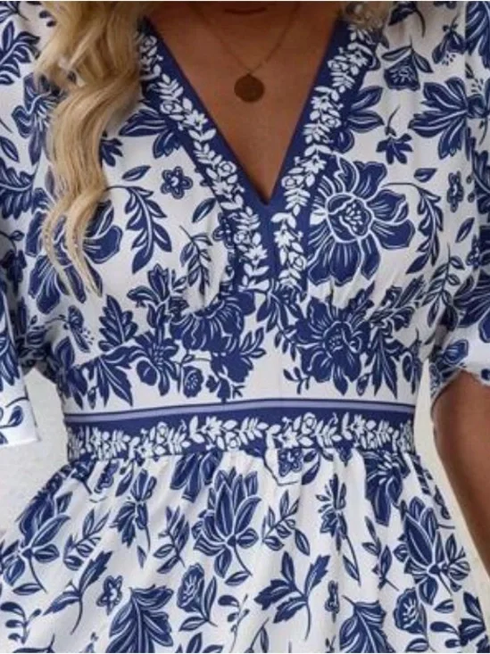 NEW!! V Neck Batwing Sleeve Blue & White Floral Women’s Mini Dress - Picture 6 of 6